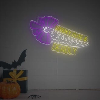 Enhance Your Halloween Bash or Themed Bar Ambiance with the Spooky Cute And Deadly Knife LED Neon Sign.
