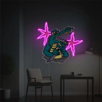 Erhöhen Sie Ihre Bar-, Spielzimmer- oder Partyatmosphäre mit dem Krokodil mit Messer LED Neon Acrylkunstwerk.