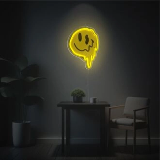 Beleuchten Sie Ihre Bar, Ihr Büro und Ihr Zuhause mit dem verspielten Charme des schmelzenden, verdrehten Smiley-Gesicht LED-Neon-Acryl-Kunstwerks.