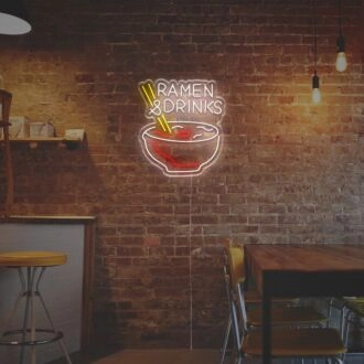 Brighten Your Kitchen, Bar Area, or Next Party with the Vibrant Ramen And Drinks LED Neon Sign.
