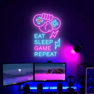 Elevate Your Gaming Sanctuary: Eat Sleep Game Repeat Neon Sign for Game Room, Home Office, and Fun-Themed Parties