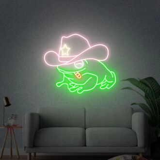 Bringen Sie eine skurrile Western-Atmosphäre in Ihren Raum mit dem Frosch im Cowboyhut LED Neonschild Wanddekor - Perfekt für Bars, Spielzimmer oder Themenpartys.