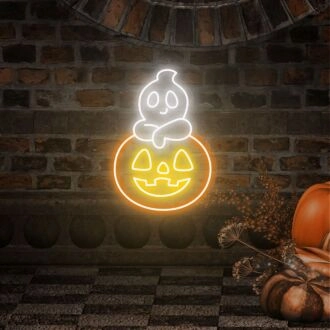 Verwandle deinen Raum mit einem Spuk-Effekt: Halloween-Geisterkürbis-Neonschild für festliche Wohnkultur, Bürocharme oder unheimlich gute Bar-Feiern.