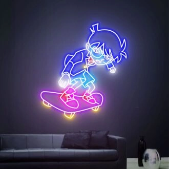 Beleben Sie Ihre Detektiv-Party oder Anime-Ecke mit unserem Detective Conan LED-Neonschild Conan auf Skateboard – Maßgeschneiderte Neonschildkunst.