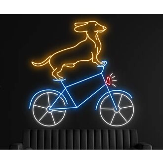 Verschönern Sie Ihr Zuhause, Ihre Bar und Ihr Schaufenster mit dem verspielten süßen Dackel, der auf einem Fahrrad LED-Neonschild fährt, und dem Dackel Po Neondekor.