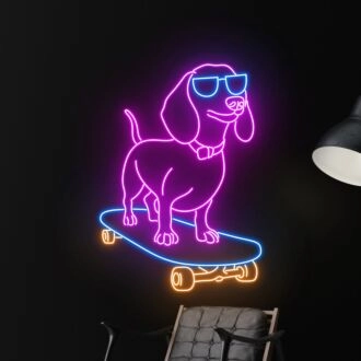 Brighten Up Your Home, Office, or Skate Shop with the Cute Dog Skateboarder Led Sign Dachshund Neon Light in Purple - Perfect for Room Decor, Store Displays, and Themed Parties.