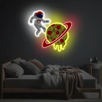 Astronaut mit Pizza-Planet LED Neon-Acrylkunstwerk