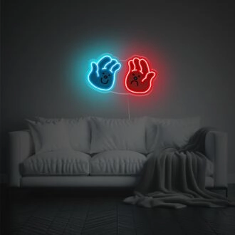 Blaue lächelnde Hand und rote traurige Hand LED Neon Acrylkunstwerk