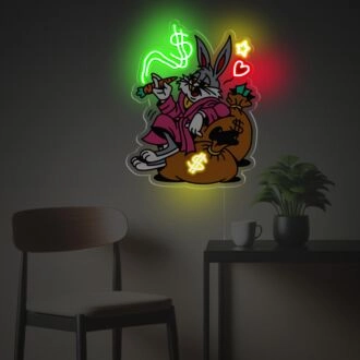 Bugs Bunny sitzt auf Geldsäcken LED-Neon-Acrylkunstwerk.