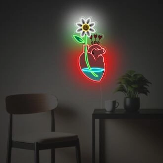 Daisy mit menschlichem Herz Vase LED Neon Acryl Kunstwerk