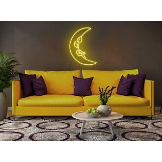 Moon Neon Sign Hung On The Wall Of A Room