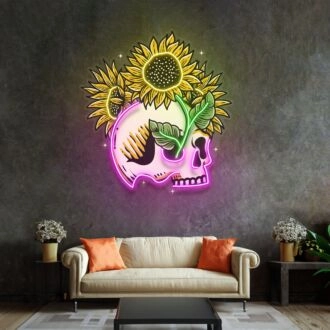 Schädel Sonnenblumen LED Neon Schild Licht Pop-Art