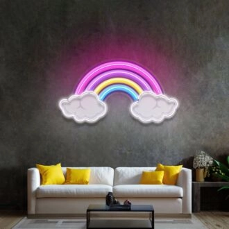 Regenbogen schwebend auf Wolken LED-Neonschild Pop Art.