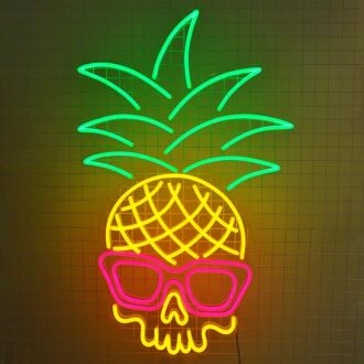 Tropisches Ananas-Schädel-Neonschild für einzigartige und ausgefallene Dekoration.