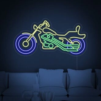 Gemütliches Motorrad Neonzeichen für Biker- und Abenteuerthemen.