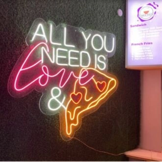 All You Need Is Love and Pizza Neon Sign for Pizzerias and Fun Spaces