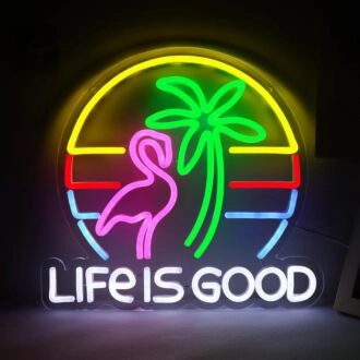 Green Coconut Tree and Deep Pink Crane Life is Good Neon Sign Living Room