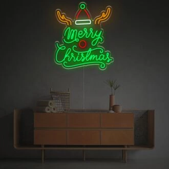 Bring Festive Joy to Your Space: Merry Christmas With Elk Antlers And Christmas Hat LED Neon Sign Perfect for Home, Office, and Holiday Celebrations.