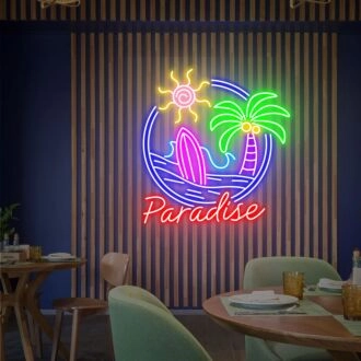 Paradise Beach View Neon Sign Coconut Tree LED Light Palm Tree Beach Sign for Tropical and Relaxing Decor
