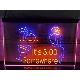 It's 5:00 Somewhere Parrot Two Tone Hanging Neon Sign