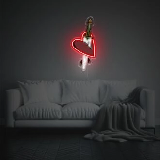 Add a Romantic Glow to Your Bedroom or Create the Perfect Atmosphere for Valentine's Day and Anniversaries with Red Heart Pierced By A Knife LED Neon Acrylic Artwork.