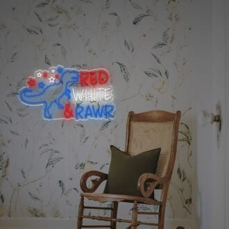 Elevate your space with the Red White And Rawr With Tyrannosaurus Rex LED Neon Sign, perfect for bars, themed events, and playful home decor.