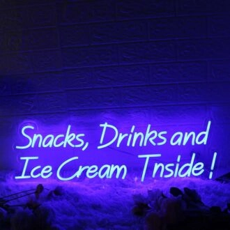 Snacks Drinks And Ice Cream Inside Blue Neon Sign