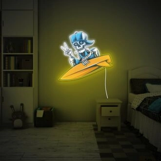 Transform Your Space into a Vibrant Haven: Surfer Skull UV Light Dazzling Neon Art Perfect for Parties, Bars, and Edgy Home Decor.