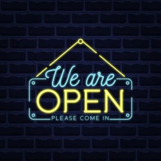 We Are Open Blue and Yellow Neon Sign for Businesses and Shops