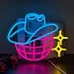 Enhance Your Bar, Western-Themed Party, or Vintage Shop Ambiance with the Dark Pink Mesh Ball In A Blue Cowboy Hat Neon Sign.