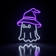 Brighten Up Your Halloween Festivities and Events: Halloween Flying Cuty Ghost With Wizard Hat LED Neon Sign Perfect for Home Decor, Office Parties, and Haunted Houses.
