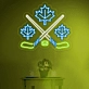 Maple leaves with crossed hockey sign in neon light