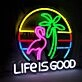 Green Coconut Tree and Deep Pink Crane Life is Good Neon Sign Living Room