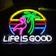 Green Coconut Tree and Deep Pink Crane Life is Good Neon Sign Living Room