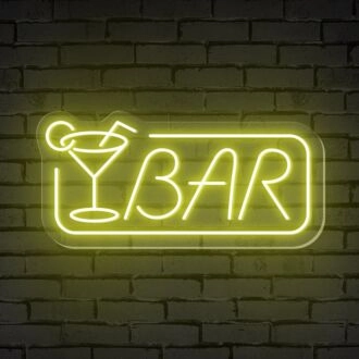 Enhance Your Bar, Office, or Event Space with the Elegant Glow of Bar Word Cocktail Glass Rectangle Frame Neon Sign.
