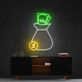 Cash Bag Multicolour Neon Sign for Wealth Themed Decor