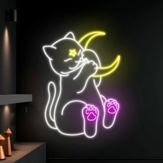 Brighten Your Space: Cat And Moon Led Sign For Animal Lovers - Perfect for Home Decor, Office Ambiance, and Cozy Cafe Corners