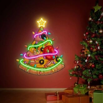 Deck Your Halls and Celebrate Festively with the Christmas Pizza Tree Neon Sign, Perfect for Home Decor, Office Parties, and Unique Christmas Gifts!