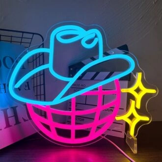 Enhance Your Bar, Western-Themed Party, or Vintage Shop Ambiance with the Dark Pink Mesh Ball In A Blue Cowboy Hat Neon Sign.
