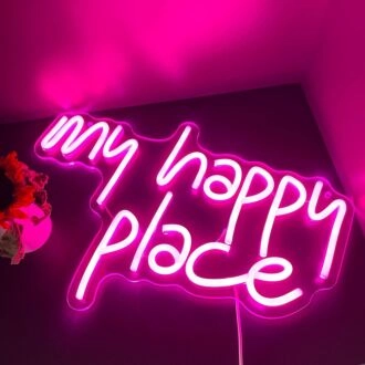 Brighten Your Special Moments: Deep Pink My Happy Place Neon Sign for Weddings, Parties, and Cozy Home Decor.