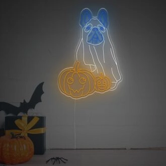 Brighten Up Your Home, Bar, or Halloween Bash with the French Bulldog Ghost With Pumpkin LED Neon Sign.