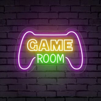 Enhance your gaming sanctuary or add a cool vibe to parties with the Game Room Words Console Controller Neon Sign.