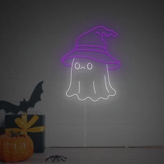 Brighten Up Your Halloween Festivities and Events: Halloween Flying Cuty Ghost With Wizard Hat LED Neon Sign Perfect for Home Decor, Office Parties, and Haunted Houses.