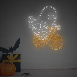 Elevate Your Halloween Decor: Spookify Your Home, Office, or Party with the Halloween Ghost On A Bicycle LED Neon Sign.