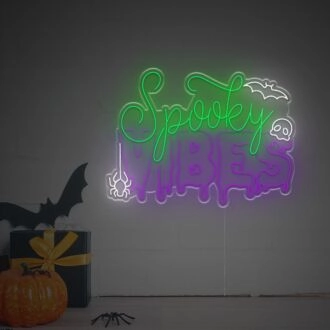 Transform your Halloween celebration and haunted house attraction with the Halloween Spokey Vibes With Bat And Skull LED Neon Sign.
