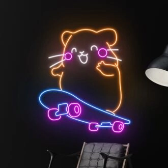 Bringen Sie Farbe in Ihren Skateshop oder Ihr Schlafzimmer mit dem lebhaften LED-Neonschild „Skateboard fahrender Hamster“ - Perfekt für Partys, Heimdekoration und ein einzigartiges Büroumfeld.