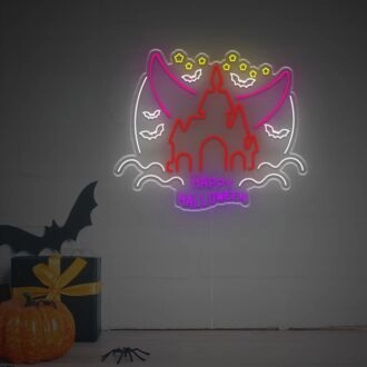 Elevate Your Spooky Festivities: Happy Halloween With Castle LED Neon Sign for Home Decor, Office, and Themed Parties.