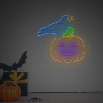 Brighten Up Your Halloween Festivities and Home Decor with the Helloween Pumpkin With Blue Crow LED Neon Sign