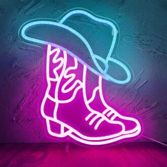 Ice Blue Cowboy Hat and Dark Pink Cowboy Shoes Neon Sign Party Decor