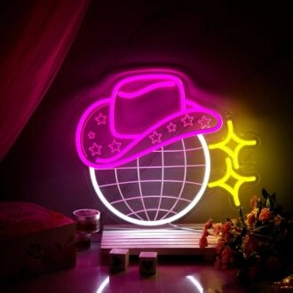 Add a Western Flair to Your Bedroom, Office, or Party Decor with the Deep Pink Cowboy Hat and White Mesh Balls Neon Sign.